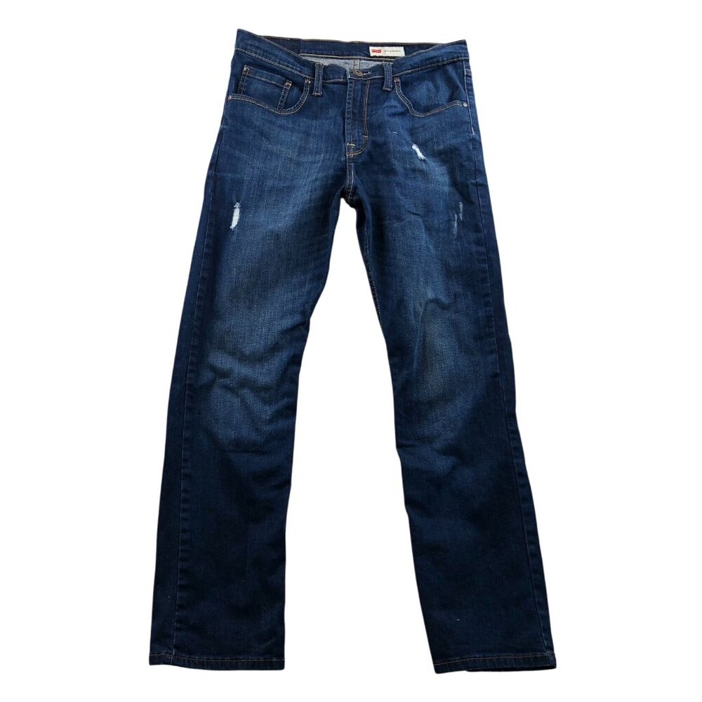 Wrangler Mens Jeans 32x29 Measured Slim Straight Blue Denim Distressed Casual